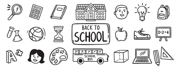 Back to School doodle hand drawn icon set. Outline drawing school items line clipart symbol collection 