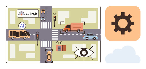 AI-regulated traffic with cars, buses, and trucks, pedestrian crossings, sensors, icons for cloud and settings. Ideal for technology, automation, AI transportation safety optimization data flow