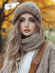 Young woman with long blonde hair, wearing a cozy knitted hat and scarf, stands outdoors surrounded by vibrant autumn foliage, embodying seasonal fashion and warmth