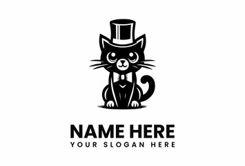 Sophisticated Black Cat Wearing Top Hat and Bowtie Logo Design.