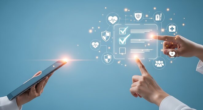 Healthcare checklist and digital medical icons on blue background