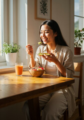 Smiling woman eating avocado toast and fruit bowl in sunny room