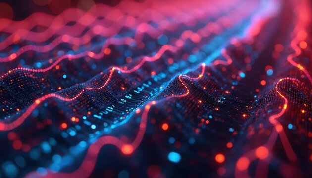 Abstract visualization of Python programming for data science, complex computation. Vivid colors like red, blue illuminate dark background, showing dynamic data flow with glowing points, wavy lines