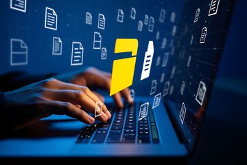 Hands typing on a laptop keyboard with glowing digital icons and data streams emerging from the screen representing technology and information flow