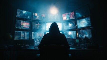 A dark, isolated room lit only by monitors showing lines of code. The intense contrast creates a mysterious and cinematic hacker environment focused on surveillance, cybersecurity or secretive