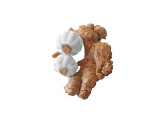 Garlic and ginger isolated on white background. The garlic in the recipes of traditional medicine and to enhance immunity
