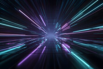 3D render, abstract background with neon light rays and glowing lines in blue, purple, and green colors.
