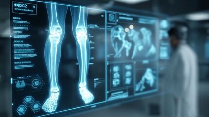 A futuristic diagnostic display with a 3D holographic scan of a human body and digital health data overlays. The glowing blue interface communicates innovation, medicine, and next-gen healthcare