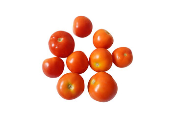 Tomato vegetables isolated on white background. Natural, organic and fresh whole tomatoes. Delicious and healthy ingredient for salads and seasonal food.