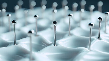 milky silicone stretched across metal pins in a symmetrical grid layout