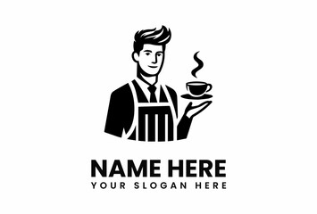 Stylized Barista Holding Steaming Coffee Cup Cafe Logo Design.