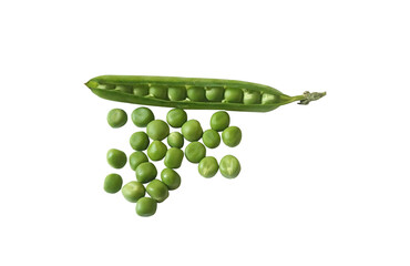 Peas in a pea pod and on a white background
