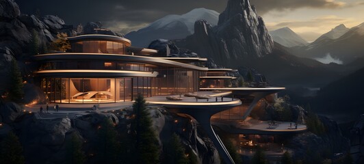 Mountain hotel building, human perspective effect, generative AI