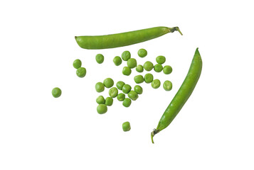 Peas in a pea pod and on a white background