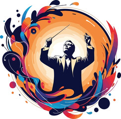 Elegant vector of a male conductor in tuxedo with a baton, surrounded by swirling colorful musical notes. Ideal for music education, concert posters, and creative illustrations.