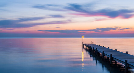 Tranquil Sunset Glow Over Calm Water with Illuminated Wooden Pier Extending into the Horizon, Reflecting Warm Light and Pastel Sky