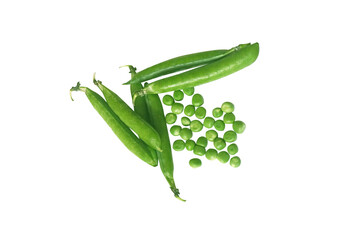 Peas in a pea pod and on a white background