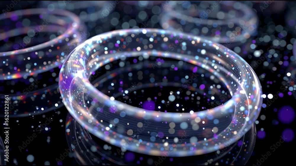 Poster abstract image of crystal-like rings with sparkles on a dark background