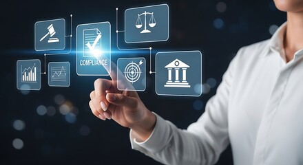 Woman's hand touches digital compliance interface, legal security