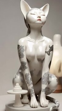 Traditional-style netsuke figurine of a cat-girl hybrid. Detailed carving, elegant pose, and intricate features. A blend of feline grace and human beauty in miniature form.