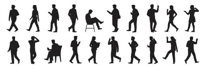 Silhouette figures in various poses walking standing and using phones on a white background design element