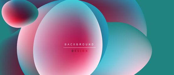 Abstract fluid shapes overlap, creating vibrant color gradients. Pink, turquoise, purple blend seamlessly. Modern design element.
