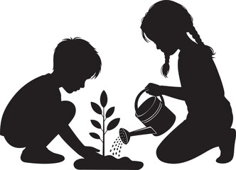Silhouette of Children Planting a Tree Together Symbolizing Growth and Environmental Stewardship Vector © MDSHOFIQUL