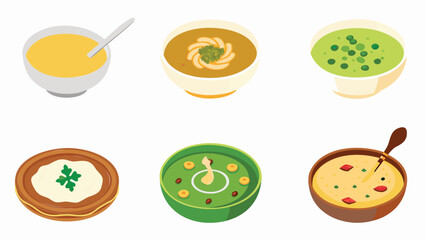 Illustration showing six bowls filled with different kinds of soups and garnishes on a white background