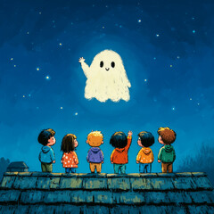 A group of six children stands on a rooftop at night, gazing up at a fluffy, cartoonish ghost waving from the starry sky. The kids wear colorful clothing.