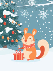 Naklejka premium Minimal flat squirrel with gift under a Christmas tree, great for holiday tags, DIY printables and festive crafts