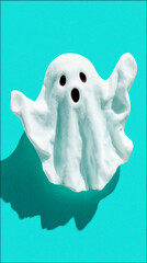 A whimsical, cartoonish ghost figure with a textured white body and black eyes, floating against a bright turquoise backdrop, casting a soft shadow.