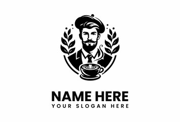 Stylized barista logo with beret laurel wreath and latte art coffee cup.