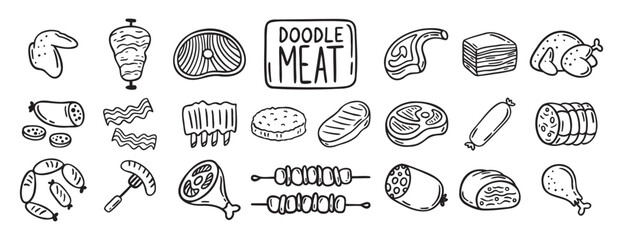 meat, pieces of meat and meat products doodle hand drawn icon set. Outline drawing meat products line clipart symbol collection