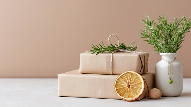 Aesthetic still life featuring beige paper-wrapped gift boxes adorned with dried citrus and rosemary. Clean background and soft tones emphasize sustainable gifting, calm lifestyle or eco-friendly