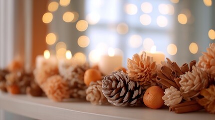 Elegant flat lay of pinecones, dried oranges, cinnamon sticks, and twinkling lights in a cozy indoor setup. A festive rustic ambiance ideal for autumn, winter, or holiday-themed advertising