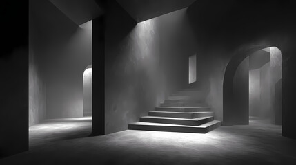 monochromatic space with interwoven staircases and doorways leading to the same room