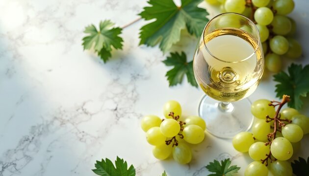 Glass of white wine with fresh green grapes and leaves on white marble surface. Elegant flat lay arrangement suggests luxury and refreshment, ideal for culinary or celebration themes.