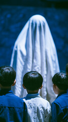 Three children in dark clothing gaze at a ghostly figure draped in white, set against a deep blue background. The scene conveys tension and curiosity.