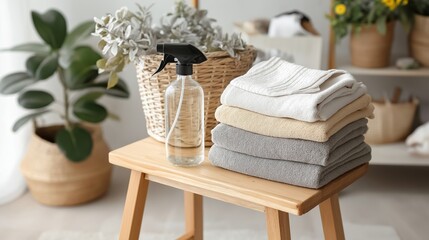 Neutral-toned laundry setup featuring a wooden bench with neatly folded towels and eco cleaning products in glass spray bottles. A serene image for housekeeping, eco-living or interior design themes