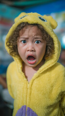 A young child with curly hair wears a bright yellow hoodie with bear ears, displaying a shocked expression. The background is blurred, hinting at a lively environment.