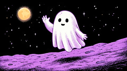 A playful ghost with a smiling face waves from a purple lunar surface under a starry black sky. A yellow moon glows brightly, enhancing the whimsical scene.
