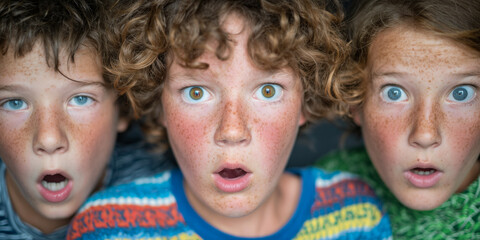 Three children with curly hair and freckles display wide-eyed astonishment. Their varied clothing features bright colors, contrasting with their serious expressions.