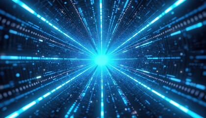 Fototapeta premium Abstract tunnel with futuristic blue light bars, dots. Digital technology, data stream, cyberspace exploration, network connection. High-colored energy, dynamism, modern design, technical innovation,