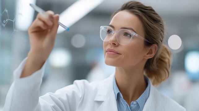 Female scientist in a white lab coat and transparent glasses writing molecular structures on a glass board. Emphasizing focus, innovation and professionalism for science, medical, education