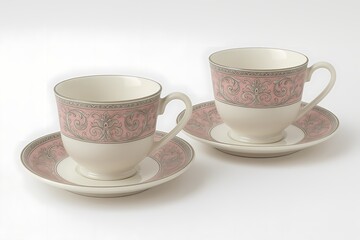 Elegant porcelain teacups with delicate pink design on saucers placed side by side