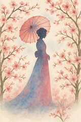 Silhouette of a woman with parasol surrounded by cherry blossoms during springtime