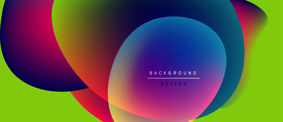 Vibrant abstract shapes overlap, creating colorful gradients. Green background complements blue, pink, purple hues. Modern design element.