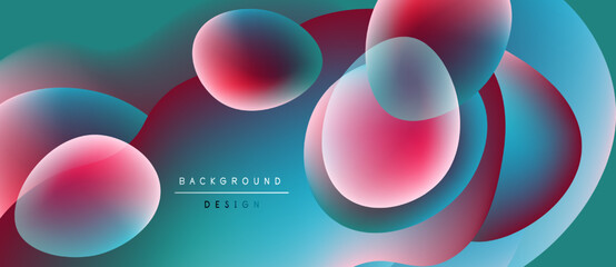 Abstract fluid shapes overlap, creating vibrant color gradients. Teal, pink, purple hues blend seamlessly. Modern design element.
