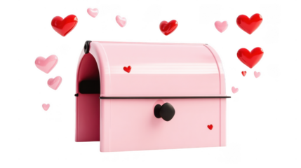 A pink mailbox with red hearts playfully invites love notes and personal messages