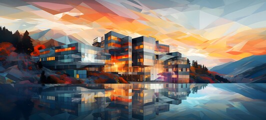Mountain hotel building, human perspective effect, generative AI